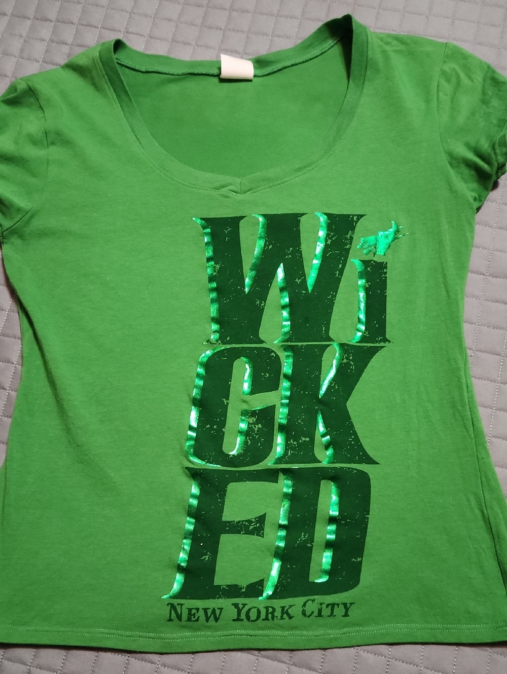 Green New York City Graphic V-Neck Tee.  Wicked Ladies T. BROADWAY 2014.